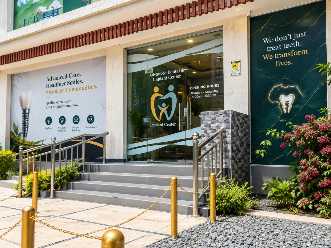 The glass entrance of Advance Dental & Implant Center at Square Mart, with steps and handrails leading up to the door