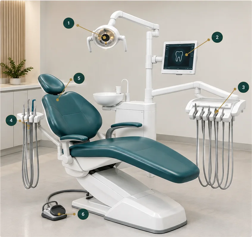 A dental operatory: operating light, chairside monitor, instrument tray, handpiece unit, reclining chair and foot control, each numbered