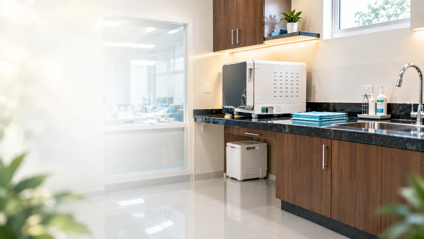 The clinic's instrument sterilization area, with the steriliser on a dark stone counter beside the sink